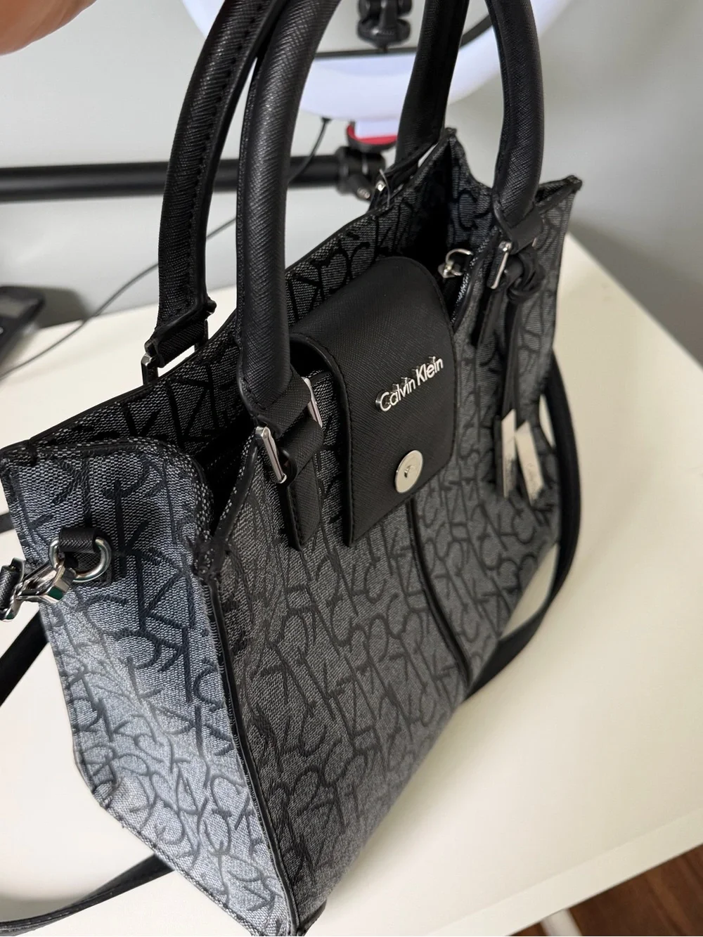 Calvin Klein Black Monogram Satchel with Top Handles